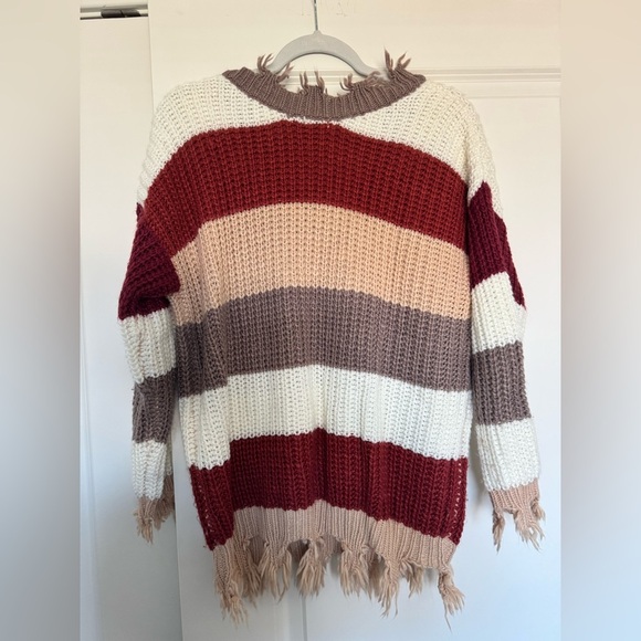 She + Sky Distressed Knit Striped Sweater One Size – Cozy Fall Boho - Picture 4 of 6